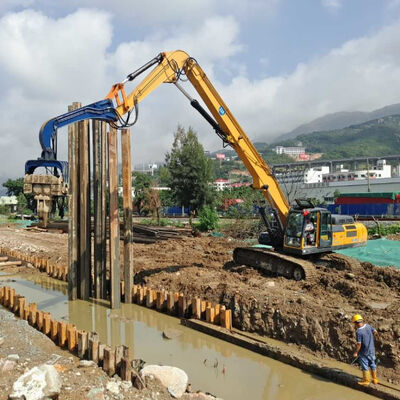 Hydraulic CAT 320 Pile Driver – Yellow & Excavator-Mounted for Construction